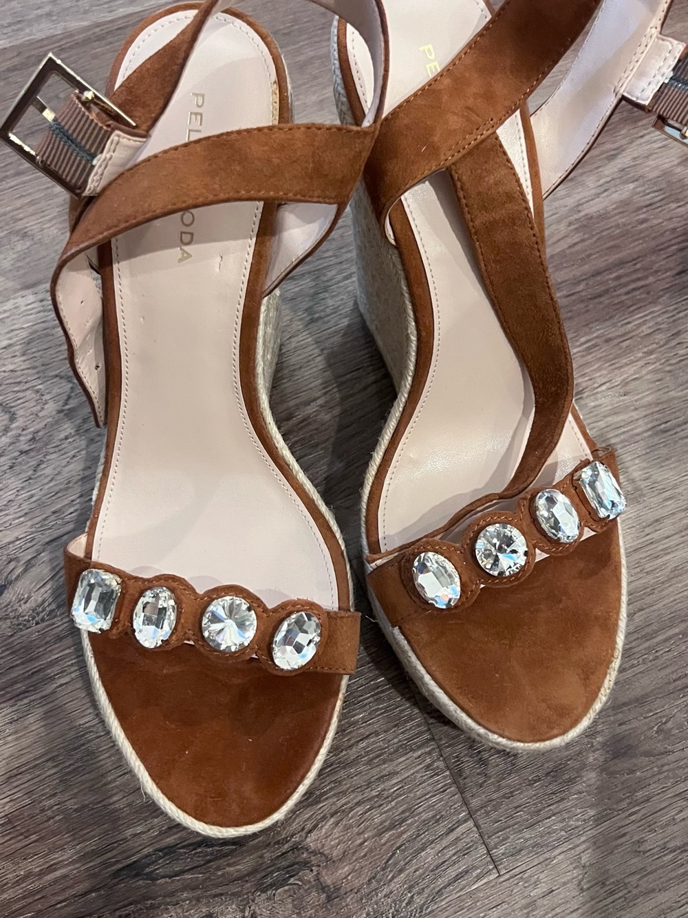 Pelle Moda Tan Suede Wedge Sandals with Crystal Embellishments